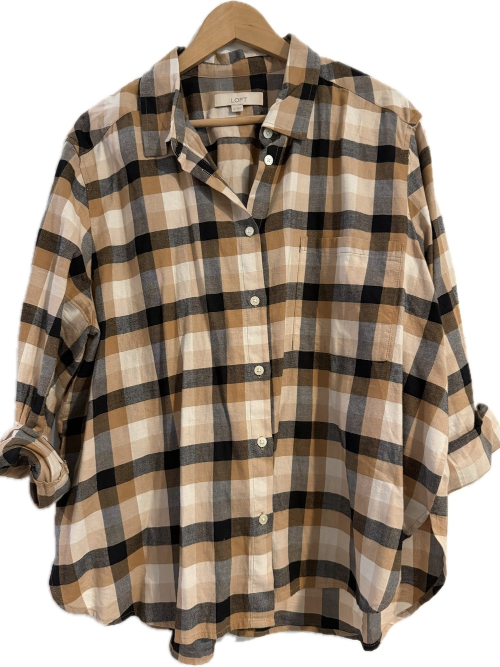 LOFT Tan Black Cream Plaid Button-Down Shirt